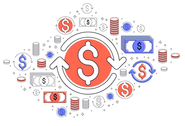 Dollarzeichen und schleifenpfeil, währungsumtausch, kapitalrendite, versicherungskonzept, rückerstattung, börse, refinanzierung, vektordesign.