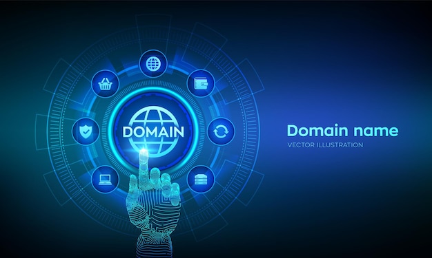 Domain-namen domain-registrierung website-name url-adresse webseite hosting auf website-erstellung internet- und web-telekommunikation roboterhand berühren digitale schnittstelle vektor-illustration