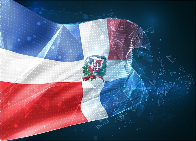 Dominikanische Republik, Vektorflagge, virtuelles abstraktes 3D-Objekt aus dreieckigen Polygonen auf blauem Hintergrund