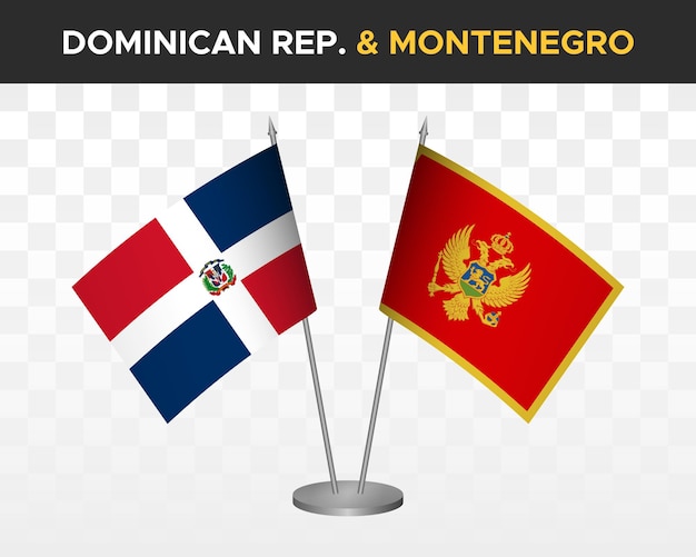 Dominikanische republik vs. montenegro tischflaggen mockup 3d-vektorillustration tischflaggen