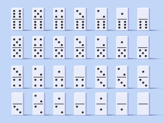 Vektor domino-set vektor realistische d-ziegel-illustration weiße knochen mit schwarzen zahlenpunkten stehend