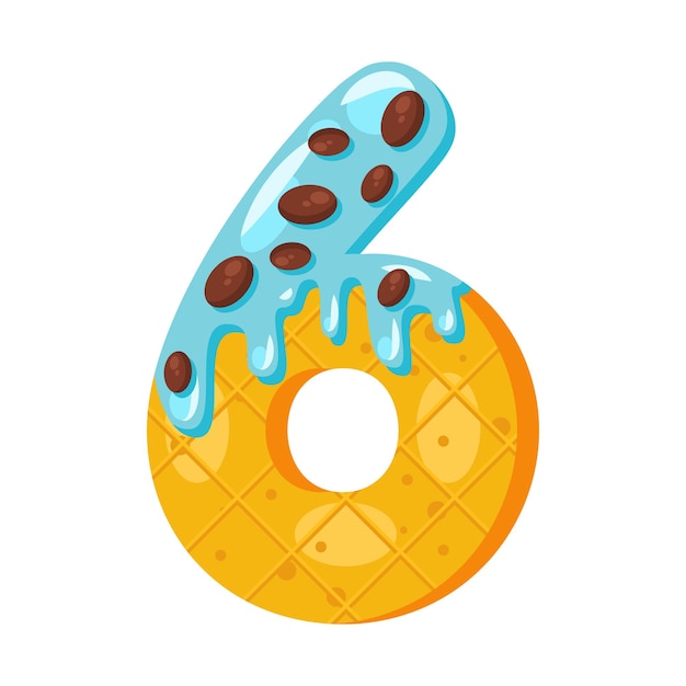 Donut cartoon sechs nummernvektorillustration. biscuit fetter schriftstil. glasiertes symbol mit zuckerguss. verlockende flachdesign-typografie. kekse, waffeln, schokoladen-mathe-zeichen. gebäck, bäckerei isolierte cliparts