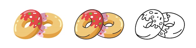 Donut-cartoon-set mit farbiger glasur auf weißem hintergrund. donut-flachset isoliert mit farbigen streuseln. nachtisch, süß. gekritzelvektorillustration für schablone, menü, fahne, webdesign oder druck