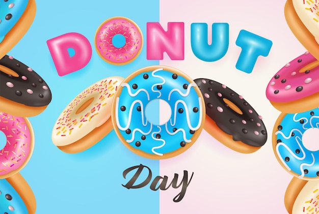 Donut Day Holiday Schokoladen-Stawbery- und Vanille-Donut 3D-Vektorillustration, geeignet für Event-Werbebanner, Poster und Designelement