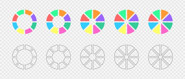 Donut-diagramme festgelegt. in 8 abschnitte unterteilte kreisdiagramme in flachen und grafischen variationen