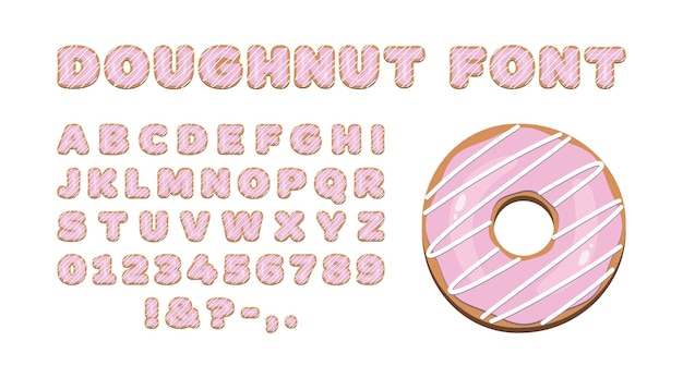 Donut-schriftart rosa glasierte donut-buchstaben und zahlen donut-alphabet