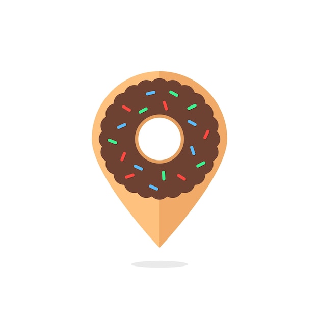 Donut-symbol wie standort-pin. konzept der spende, schnelle lieferung, ernährung, kulinarische, ungesunde ernährung. isoliert auf weißem hintergrund. flat style trend moderne logo design vector illustration