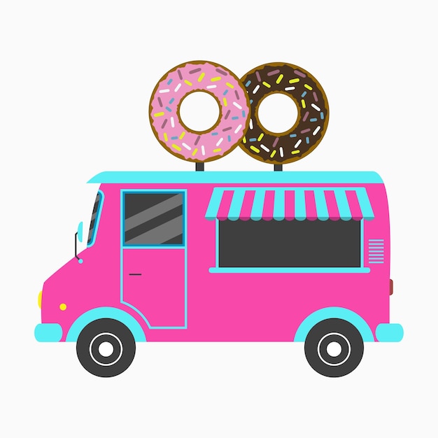 Donut-truck fast-food-bäckerwagen mit schild in form von zwei leckeren donuts