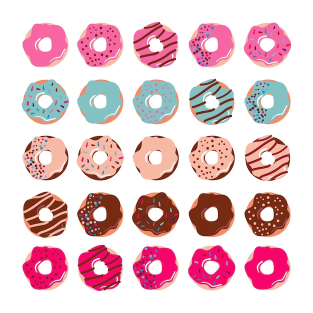 Donuts in bunter glasur, dekoriert mit streuseln und schokolade. sicht von oben.