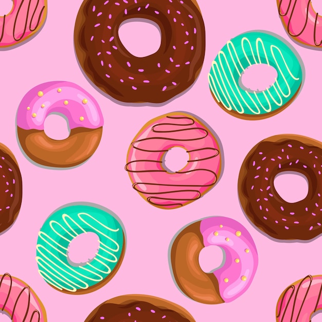 Donuts mit rosa schokoladenblauer minzglasur, die auf rosa hintergrund fällt nahtloses vektormuster