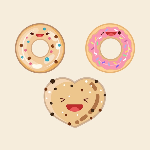 Donuts und kekse in form eines herzens, niedliche illustration der ikone, aufkleber kawaii cartoon-logos