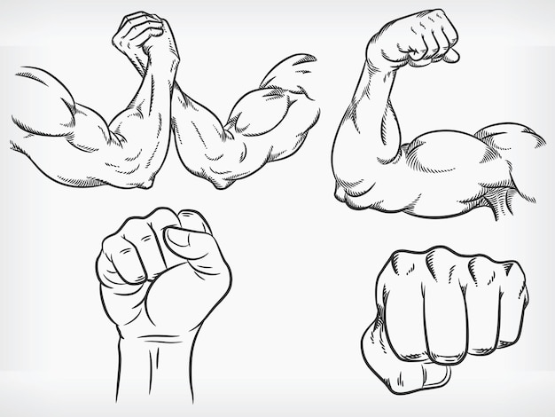 Doodle-arm, der bodybuilder-faust-wrestling-skizze biegt