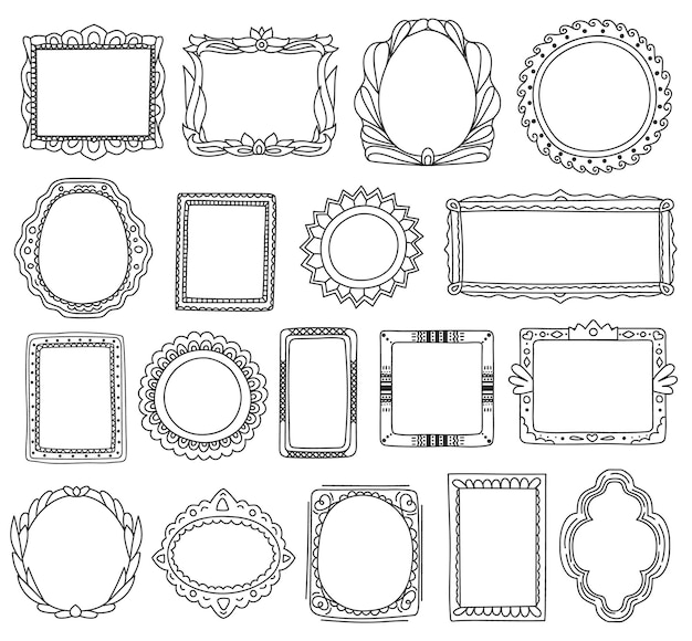 Vektor doodle bilderrahmen, süßer handgezeichneter gemälderahmen. scrapbook-tag-doodles, skizzieren sie bilderrahmen mit dekorativen elementen vektorsatz. runder, rechteckiger oder ovaler spiegel