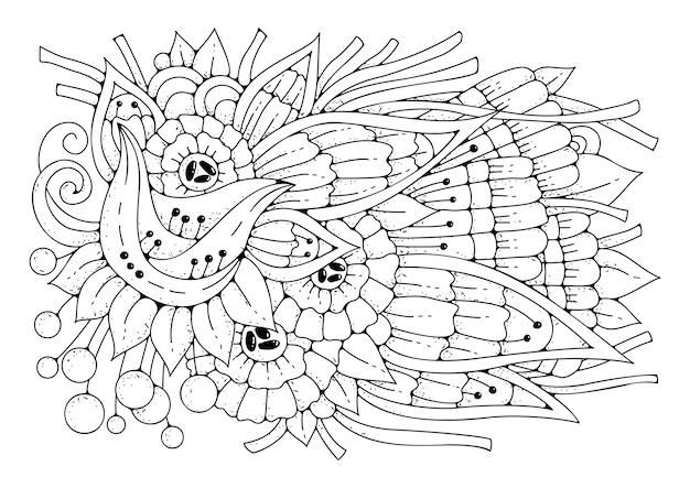 Vektor doodle blumen hintergrund zum ausmalen. malvorlagen, kunsttherapie für kinder und erwachsene. kunstlinie-vektor-illustration.
