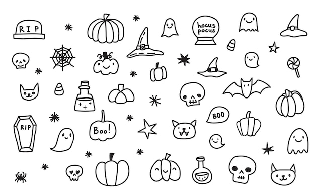 Doodle-cartoon-sammlungssatz von symbolen und symbolen über den halloween-tag, isolierter hintergrund