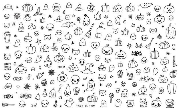 Doodle-Cartoon-Sammlungssatz von Symbolen und Symbolen über den Halloween-Tag, isolierter Hintergrund