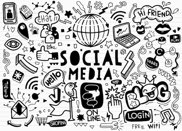 Doodle Cartoon Satz von Objekten und Symbolen auf dem Social Media-Thema