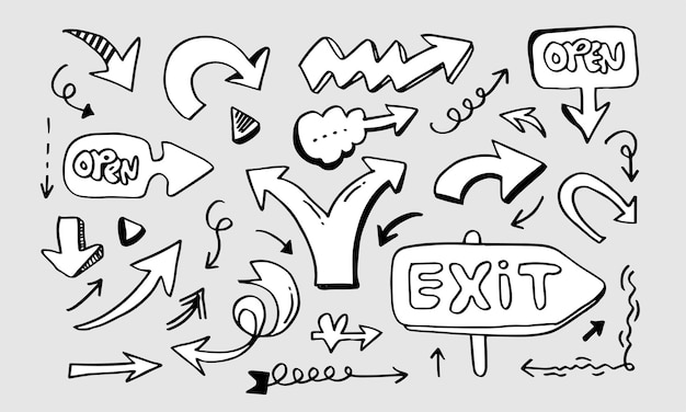 Doodle Design-Elemente handgezeichnete Pfeile isoliert auf weißem Hintergrund. Vektor-Illustration.