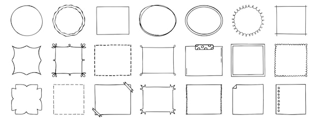 Doodle dünner Linienrahmen, Abgrenzungssatz, abstrakte leere Linienformen, handgezeichneter Stilrahmen