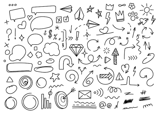 Doodle-Elemente Skizze, Unterstreichung, Pfeil und Sprache, Blase, Diamant und Papier, Handgezeichneter Pinselstreich, Hervorhebung von Krone und Stern, Funkeln, Vektor-Set