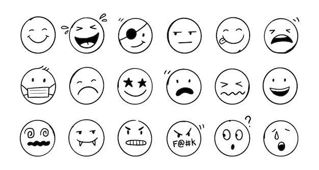 Doodle emoji-gesichtssymbolsatz