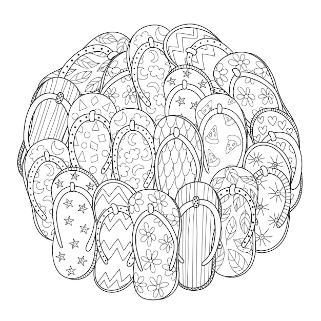 Vektor doodle-flip-flops in kreisform zum ausmalen. sommerhausschuhe-mandala für malbuch