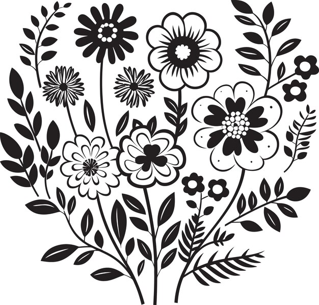 Doodle flower whirl monochrome icon spielhaftes doodle blüht schwarz vektor emblem