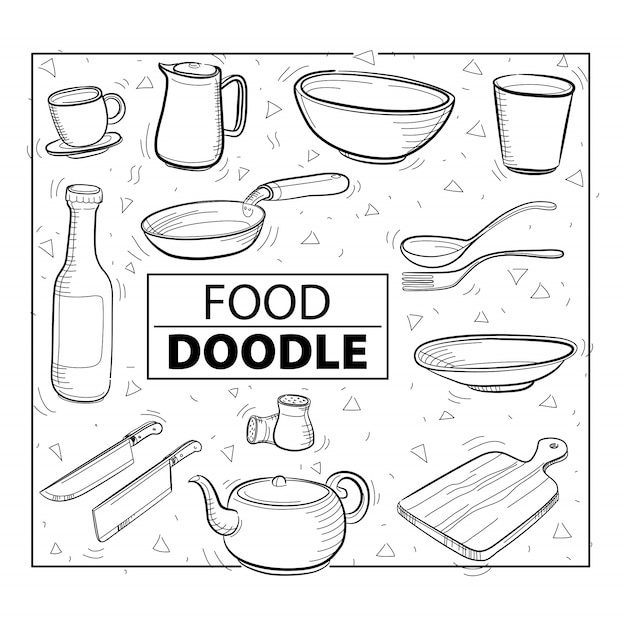 Doodle food set. schwarz und weiß. freihändig