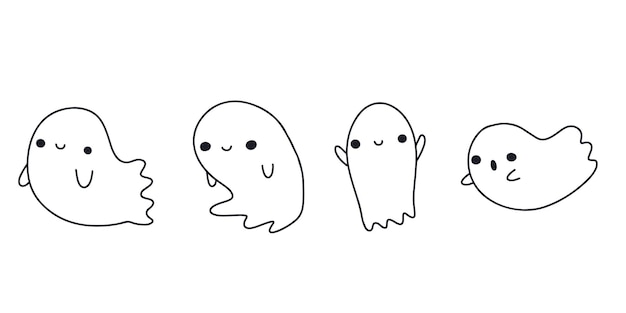 Doodle-geist. halloween kleines geisterhaus im niedlichen kawaii-stil. lustige lächelnde samhain-geister eingestellt