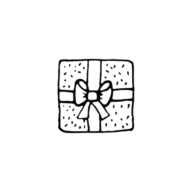 Doodle-geschenkbox mit schleifensymbol isoliert auf weißem hintergrund weihnachten und neujahr präsentiert dünne linie doodle im cartoon-stil geschenkverpackung oder paket handgezeichnete symbole vektor flach lag illustration