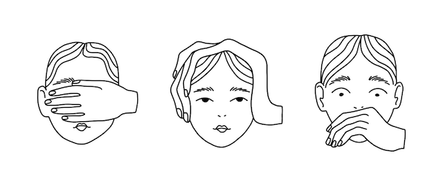 Vektor doodle-hände, die verhindern, dass menschen sehen, hören und sprechen, blinde taube und stumme köpfe