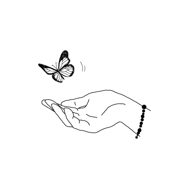 Doodle handgezeichnete illustration. schmetterling über der hand des menschen. skizzensammlung.