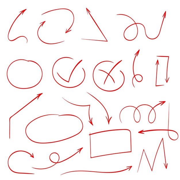 Doodle handgezeichnete Vektorpfeile Setze schwarze Pfeile auf weißen Hintergrund