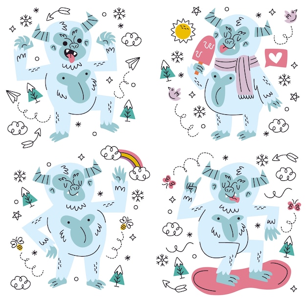 Doodle handgezeichnetes yeti-sticker-set