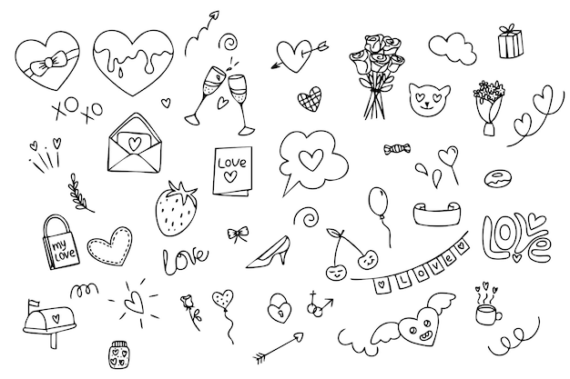 Doodle-Handzeichnungen für den Valentinstag Schwarze Herzen Design-Elemente