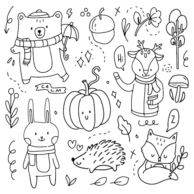 Doodle herbst herbst elemente handzeichnung. herbstkollektion cartoon strichzeichnungen. modernes abstraktes saisonales dekorationsikonensymbol des herbstes von tier und kürbis