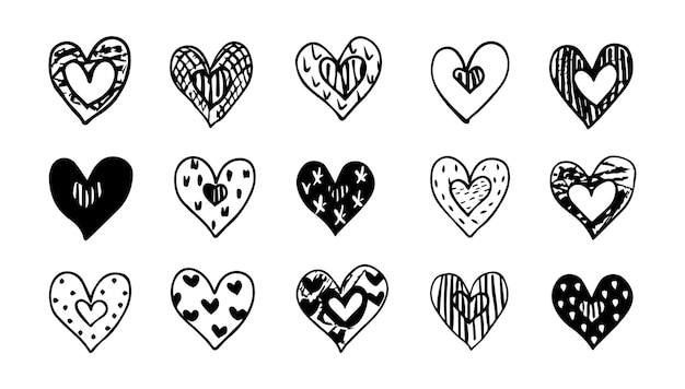 Doodle Herz-Set-Vektor-Illustration Kunst-Symbol-Design-Ikonen Liebe und Dekorationselement