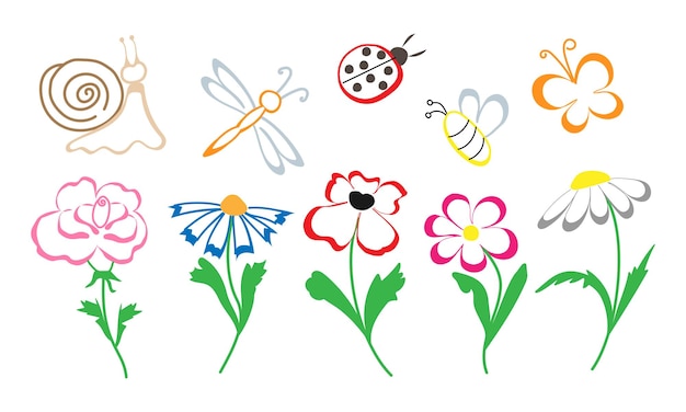 Vektor doodle illustration von sommerblumen und insekten