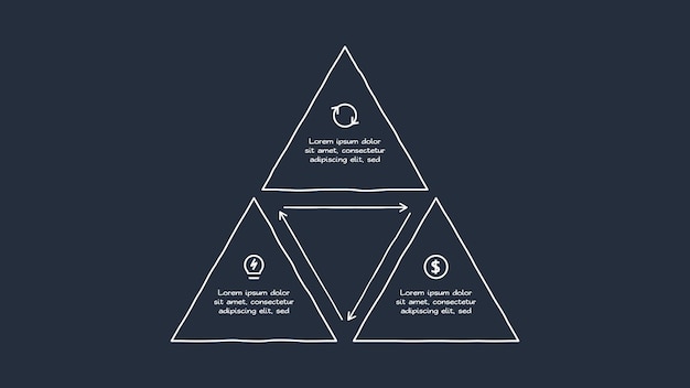 Vektor doodle-infografik-elemente mit 3 optionen vorlage für das web auf einem dunklen hintergrund