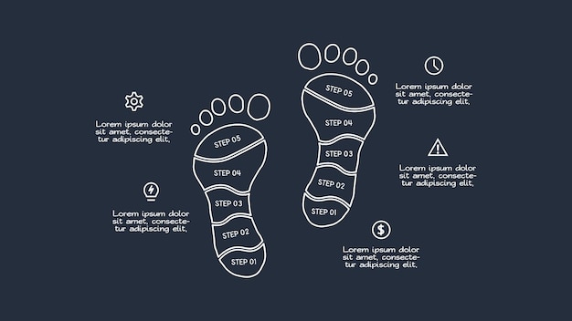 Doodle-infografik-elemente mit 5 optionen vorlage für das web auf einem dunklen hintergrund