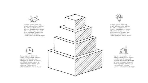Doodle Infografik Pyramide mit 4 Optionen. Handgezeichnete Symbole. Dünne Linie Abbildung.