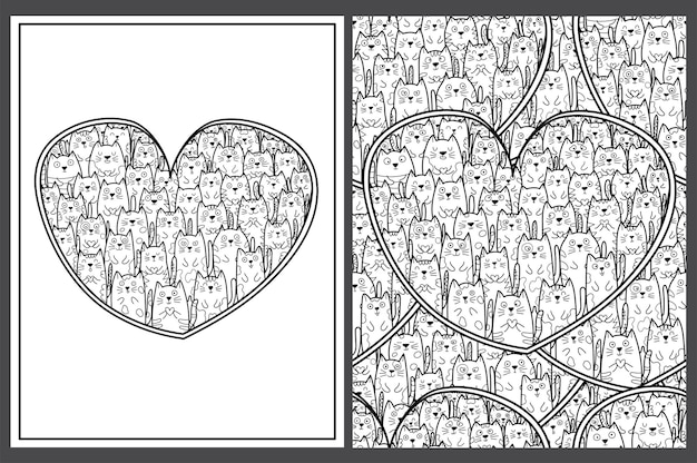 Doodle Katzen in handgezeichneten Herzform Malvorlagen Set Schwarz-Weiß-Kawaii-Muster