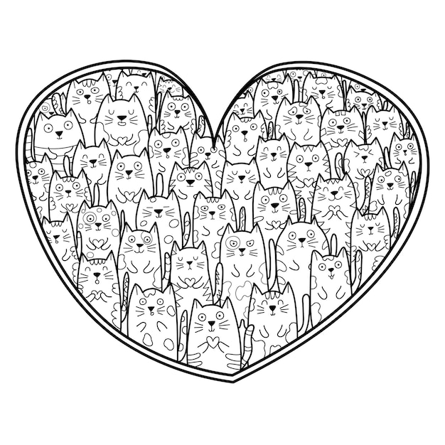 Doodle Katzen in handgezeichneter Herzform Malseite Schwarz-Weiß-Kawaii-Muster für Anti-Stress-Malbuch Valentinstag Mandala Vektor-Illustration