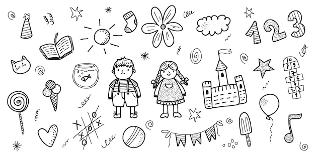 Vektor doodle kinder kinder kindergarten skizze stil baby schloss spielen sommer im freien niedlichen cartoon