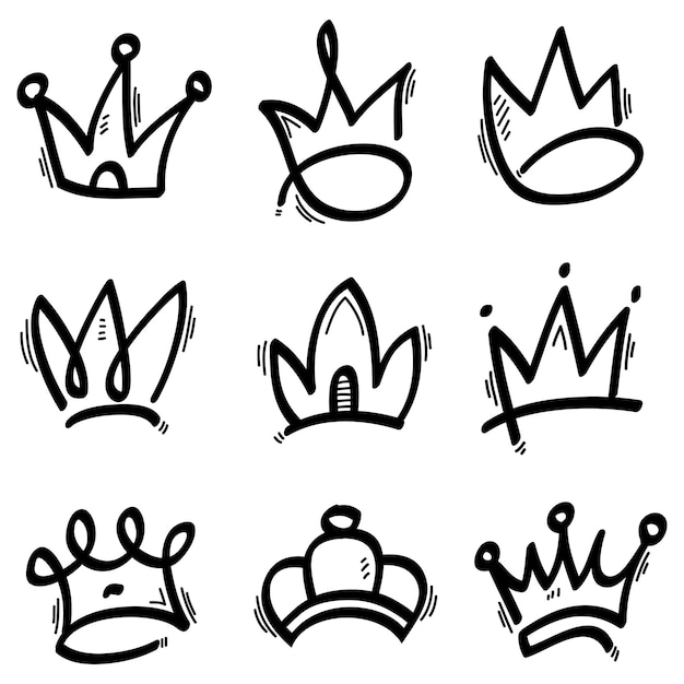 Vektor doodle kronen linienkunst könig oder königin krone skizze kollegen gekrönte köpfe tiara wunderschönes diadem und luxuriöse aufkleber vektorillustration set königliche kopfaccessoires lineare sammlung