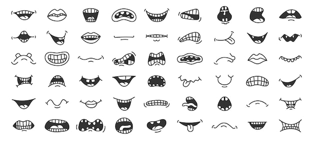 Vektor doodle-lächeln cartoon-mund mit unterschiedlichem gesichtsausdruck lachen wut und beängstigende emotion pop-art-skizze vektor handgezeichnete lustige münder isolierte sammlung