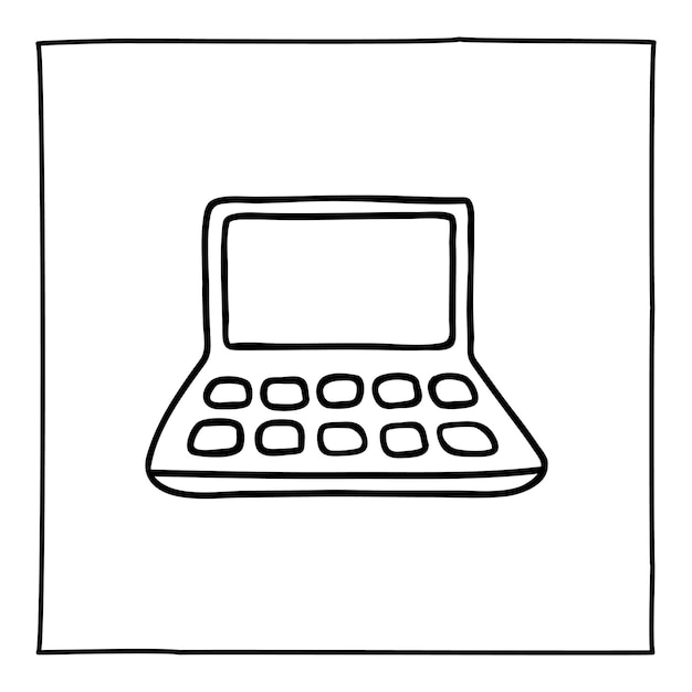 Vektor doodle laptop-symbol oder logo, handgezeichnet mit dünner schwarzer linie. isoliert auf weißem hintergrund. vektor-illustration