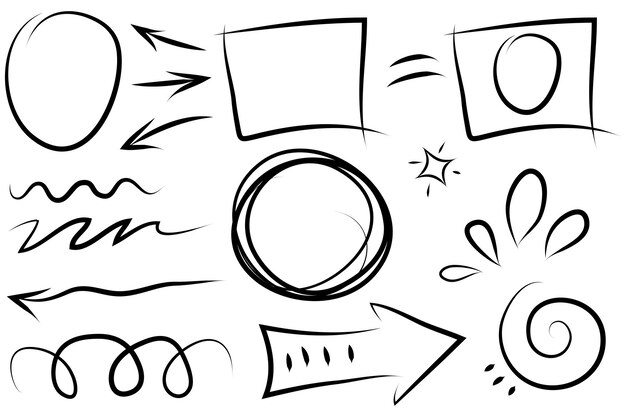 Doodle-Linien Pfeile, Kreise und Kurven, Vektor, von der Hand gezeichnete Designelemente, isoliert auf weißem Hintergrund für infografische Vektorillustrationen