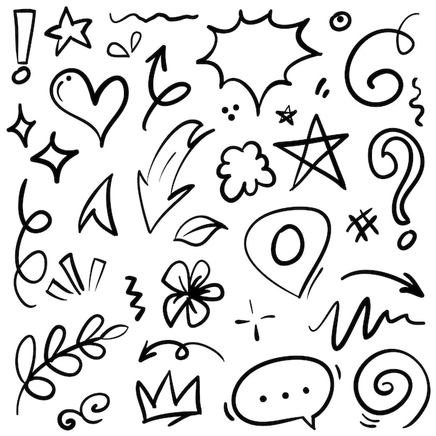 Doodle Linien Pfeile Kreise und Kurven vektorhandgezeichnete Designelemente isoliert auf weißem Hintergrund für Infografik-Vektorillustration