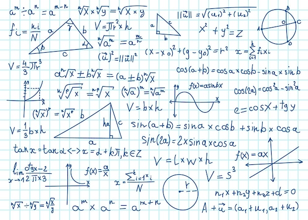 Doodle mathematische formeln mathematische gleichungen auf notebook-papier algebra-geometrieberechnungen